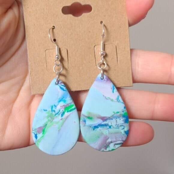 Beautiful Boho Silver Blue Green Marble Effect Summer Dangle Tear Drop Earrings - Picture 3 of 4